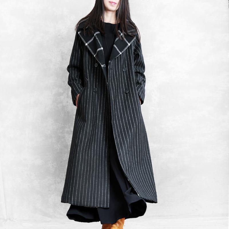 top quality oversized trench coat black striped Notched patchwork wool coat - Omychic