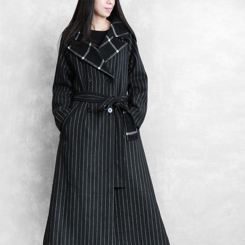 top quality oversized trench coat black striped Notched patchwork wool coat - Omychic