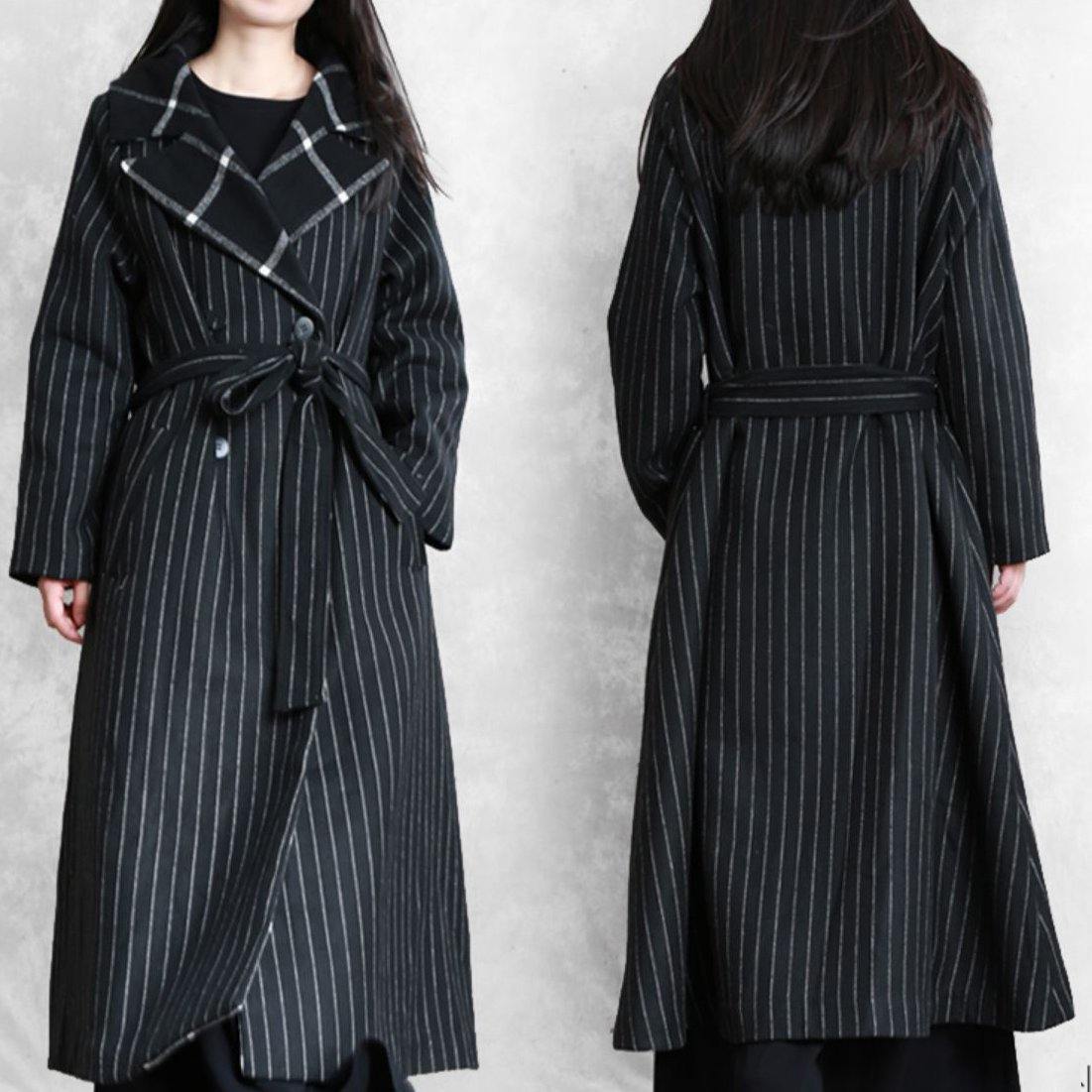 top quality oversized trench coat black striped Notched patchwork wool coat - Omychic