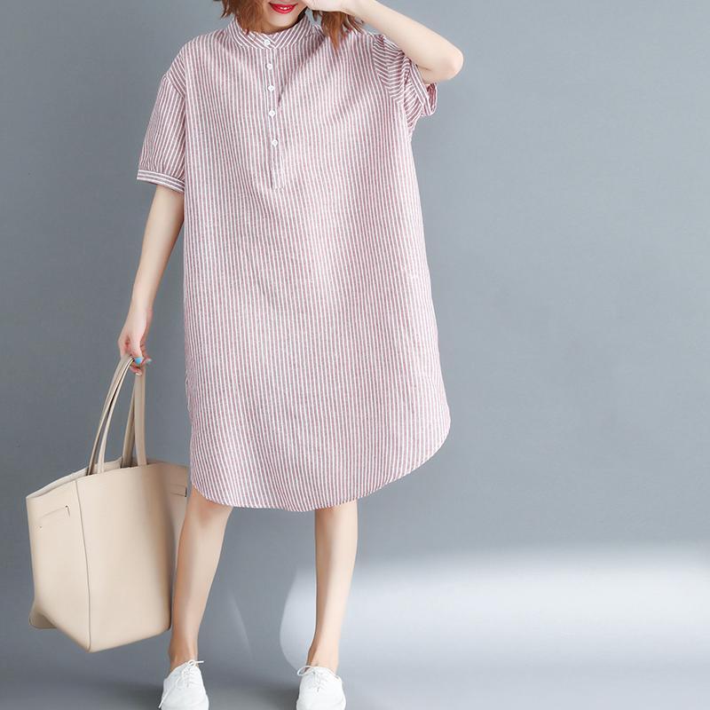 top quality pink striped Midi cotton linen dresses casual linen cotton dress women short sleeve Stand baggy dresses natural cotton linen dress - Omychic