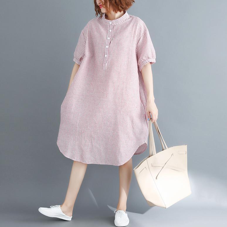 top quality pink striped Midi cotton linen dresses casual linen cotton dress women short sleeve Stand baggy dresses natural cotton linen dress - Omychic