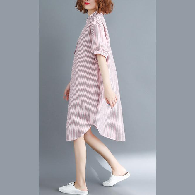 top quality pink striped Midi cotton linen dresses casual linen cotton dress women short sleeve Stand baggy dresses natural cotton linen dress - Omychic