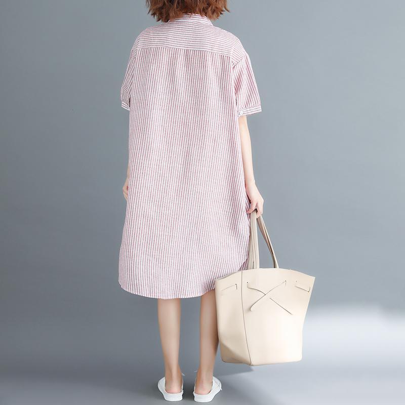 top quality pink striped Midi cotton linen dresses casual linen cotton dress women short sleeve Stand baggy dresses natural cotton linen dress - Omychic