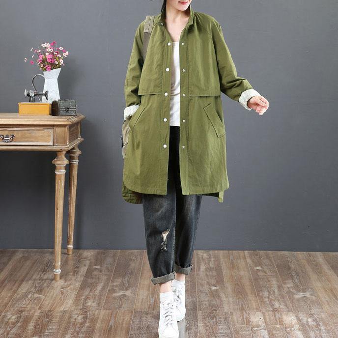 top quality plus size mid-length coats fall army green pockets stand collar coat for woman - Omychic