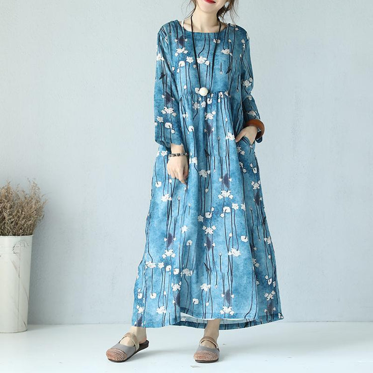 top quality print linen dress Loose fitting O neck linen maxi dress boutique long sleeve maxi dresses - Omychic