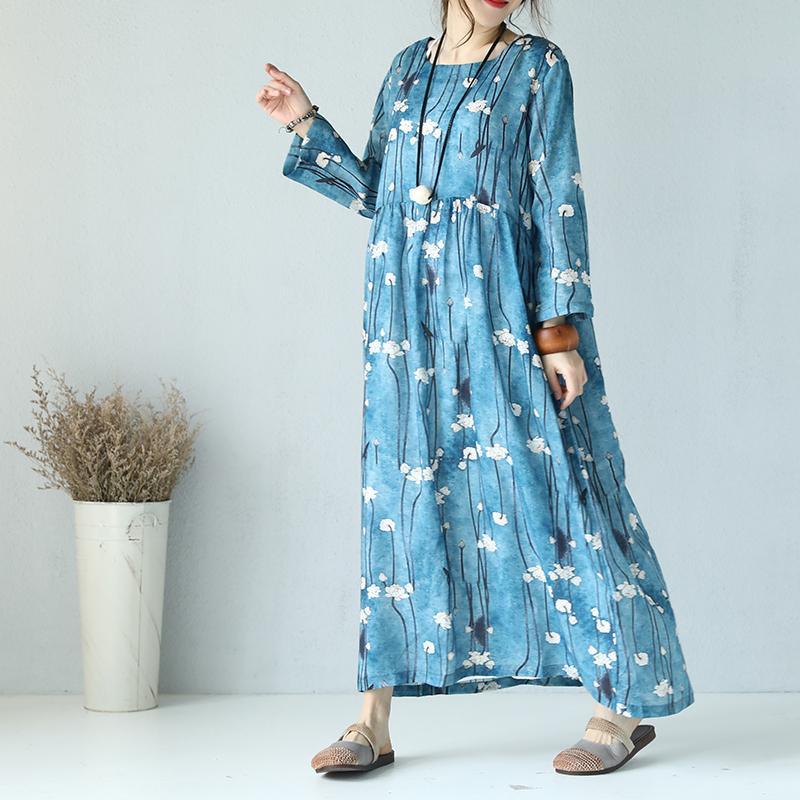 top quality print linen dress Loose fitting O neck linen maxi dress boutique long sleeve maxi dresses - Omychic