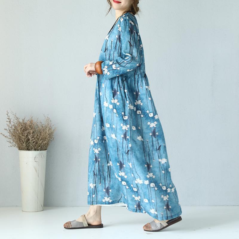 top quality print linen dress Loose fitting O neck linen maxi dress boutique long sleeve maxi dresses - Omychic