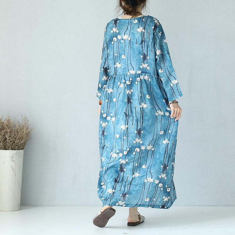 top quality print linen dress Loose fitting O neck linen maxi dress boutique long sleeve maxi dresses - Omychic