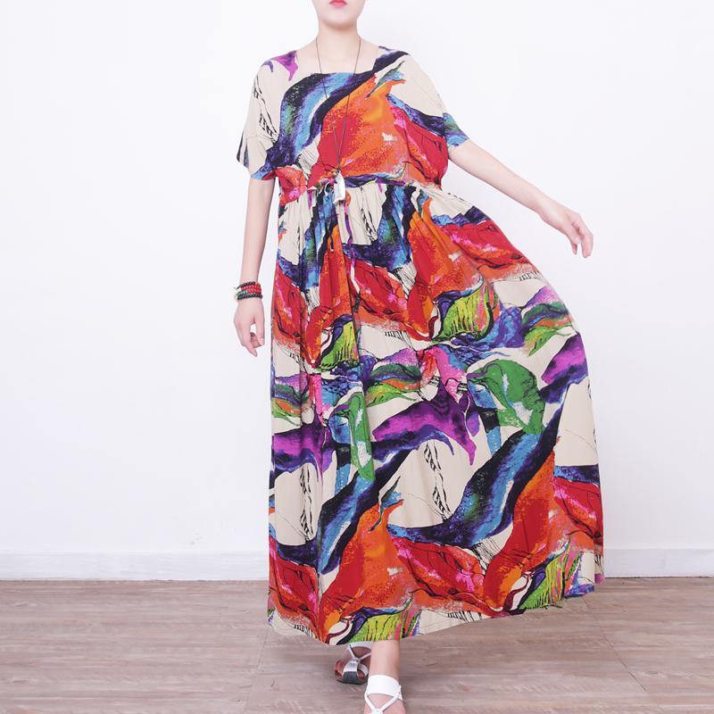 top quality prints linen dresses oversize o neck caftans Fine short sleeve linen caftans - Omychic