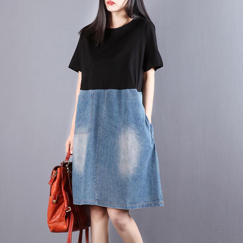 top quality pure cotton blended dresses Loose fitting Women Splicing Round Neck Short Sleeve Denim Dress - Omychic