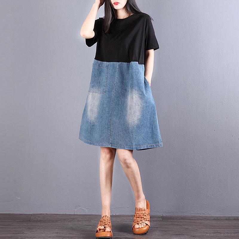 top quality pure cotton blended dresses Loose fitting Women Splicing Round Neck Short Sleeve Denim Dress - Omychic