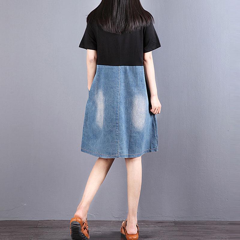 top quality pure cotton blended dresses Loose fitting Women Splicing Round Neck Short Sleeve Denim Dress - Omychic