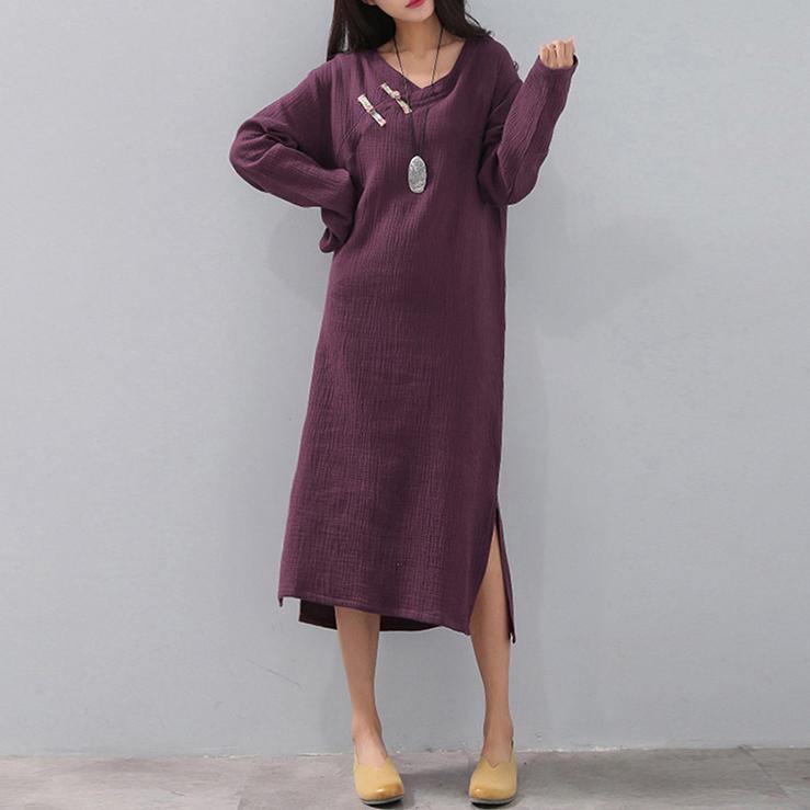 top quality purple natural plus size v neck side open clothing dress Elegant long sleeve pockets caftans - Omychic