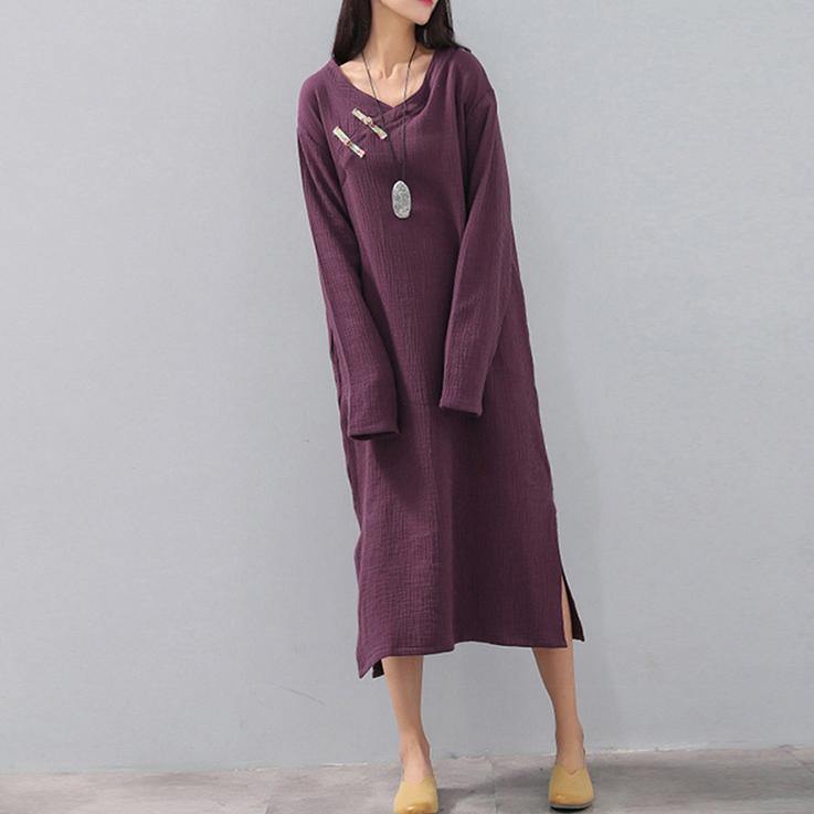 top quality purple natural plus size v neck side open clothing dress Elegant long sleeve pockets caftans - Omychic