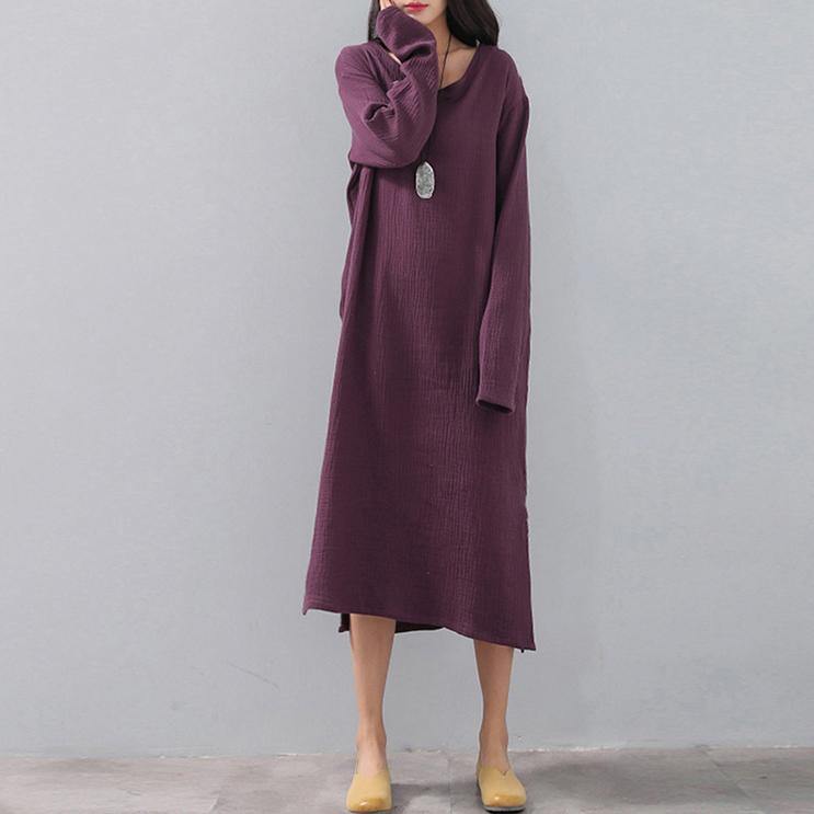 top quality purple natural plus size v neck side open clothing dress Elegant long sleeve pockets caftans - Omychic