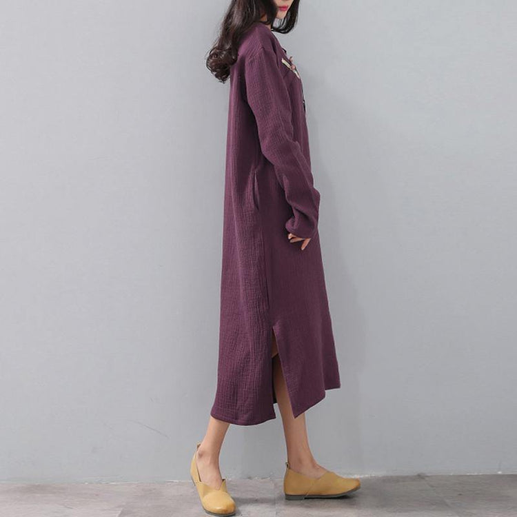 top quality purple natural plus size v neck side open clothing dress Elegant long sleeve pockets caftans - Omychic