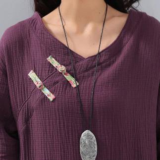 top quality purple natural plus size v neck side open clothing dress Elegant long sleeve pockets caftans - Omychic
