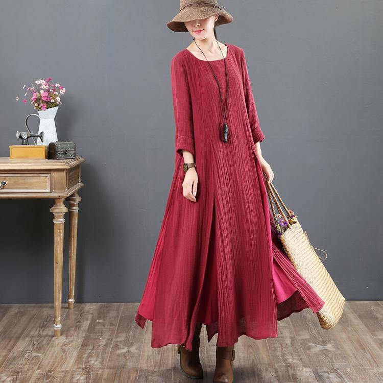 top quality red 2018 fall dress plus size clothing asymmetric linen maxi dress 2018o neck maxi dresses - Omychic