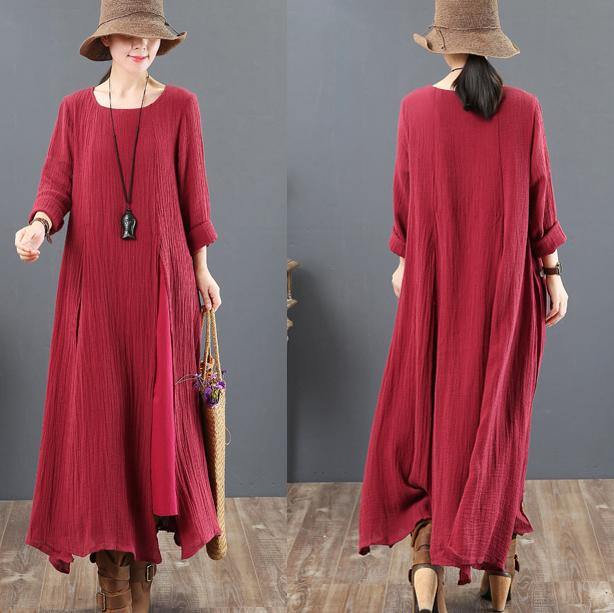 top quality red 2018 fall dress plus size clothing asymmetric linen maxi dress 2018o neck maxi dresses - Omychic