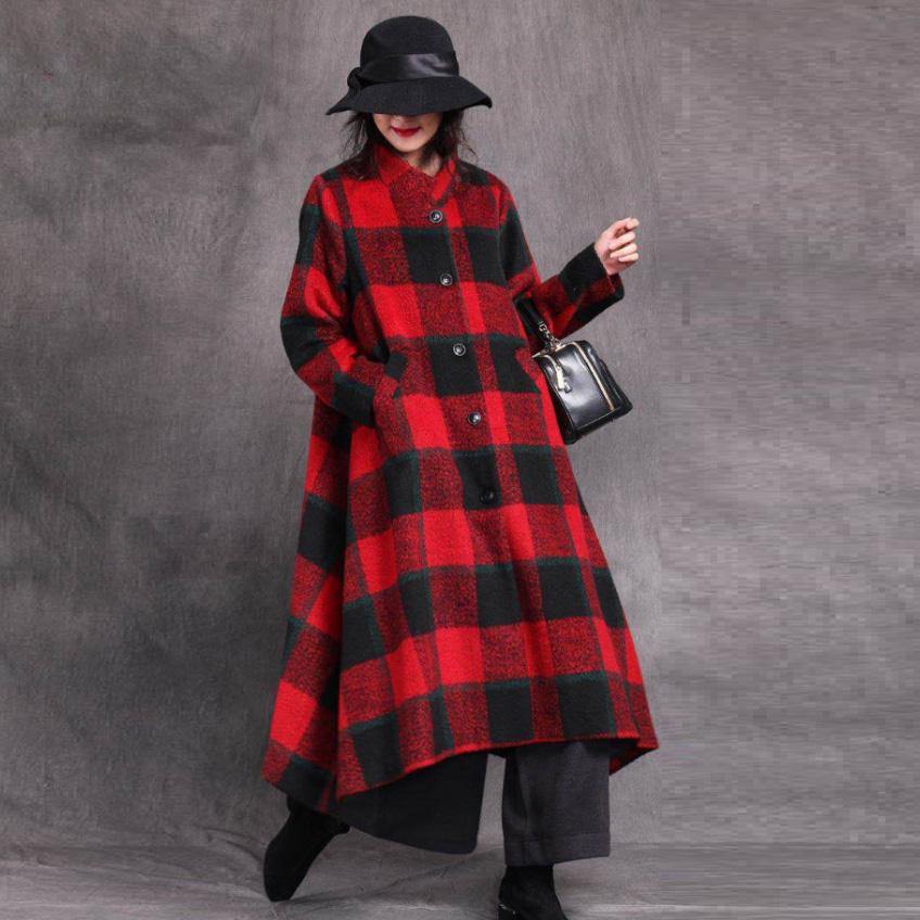top quality red Plaid woolen outwear trendy plus size stand collar patchwork maxi coat - Omychic