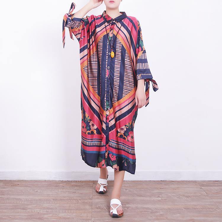 top quality red blue prints pure chiffon dresses Loose fitting chiffon clothing dresses New side open tie bracelet sleeved midi dress - Omychic