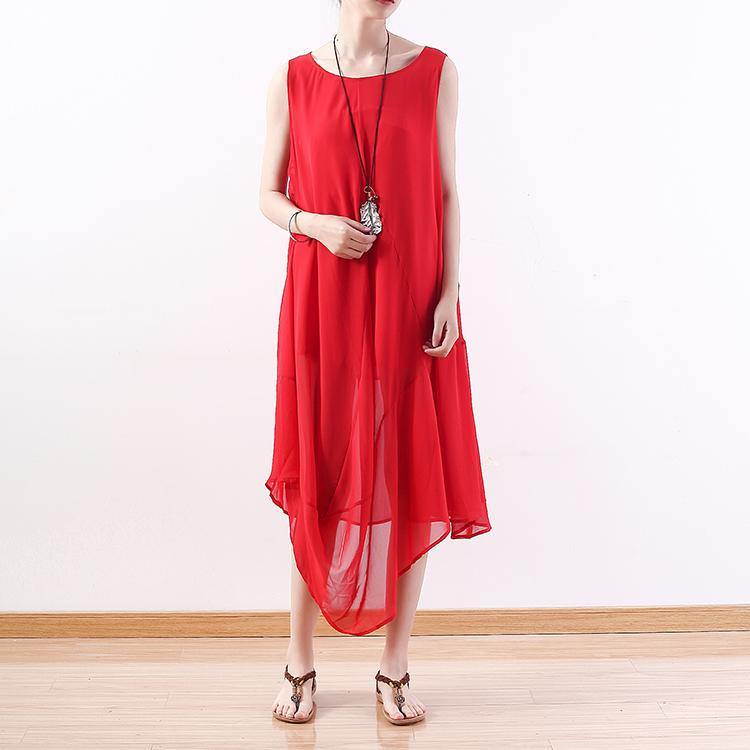 top quality red chiffon dress plus size clothing asymmetric hem chiffon clothing dresses top quality sleeveless kaftans - Omychic