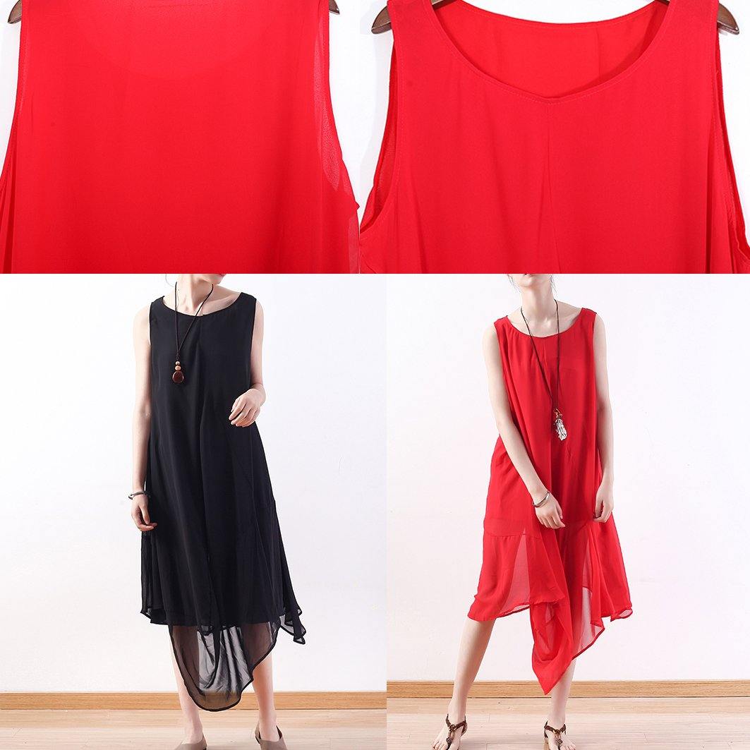 top quality red chiffon dress plus size clothing asymmetric hem chiffon clothing dresses top quality sleeveless kaftans - Omychic