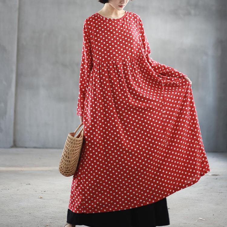 Top Quality Red Dotted Long Cotton Dresses Oversized High Waist Traveling Dress Elegant Big Hem Caftans - Omychic