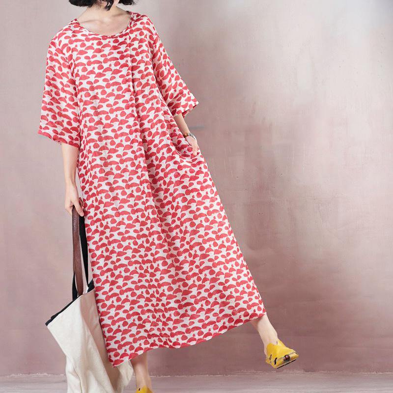 top quality red linen dresses print linen gown vintage half sleeve baggy dresses - Omychic