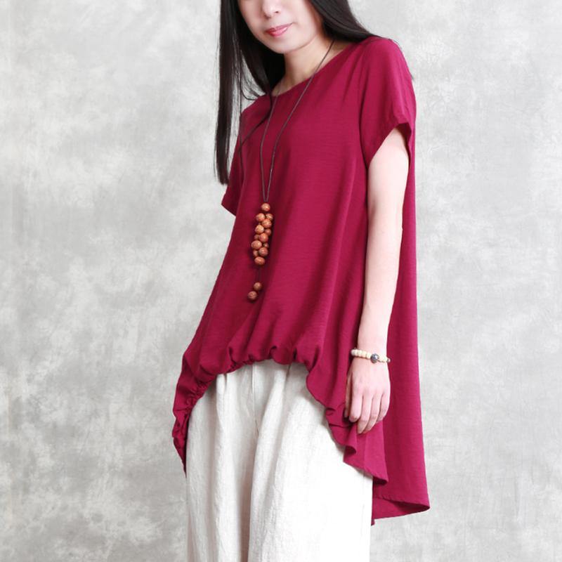 top quality red linen tops trendy plus size linen clothing blouses New draping asymmetric cotton shirts - Omychic