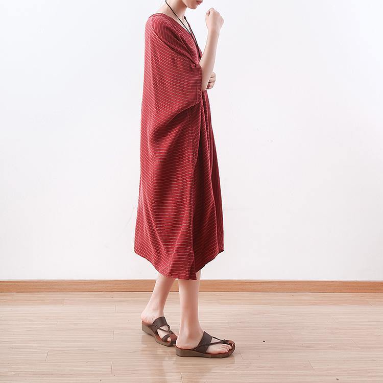 top quality red long silk dress plus size asymmetric patchwork striped traveling dress Elegant v neck kaftans - Omychic