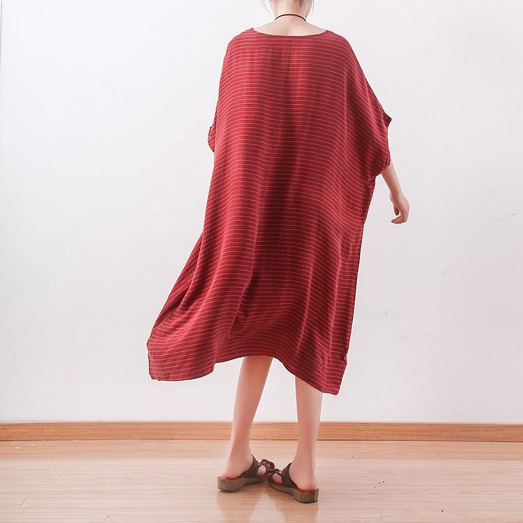 top quality red long silk dress plus size asymmetric patchwork striped traveling dress Elegant v neck kaftans - Omychic