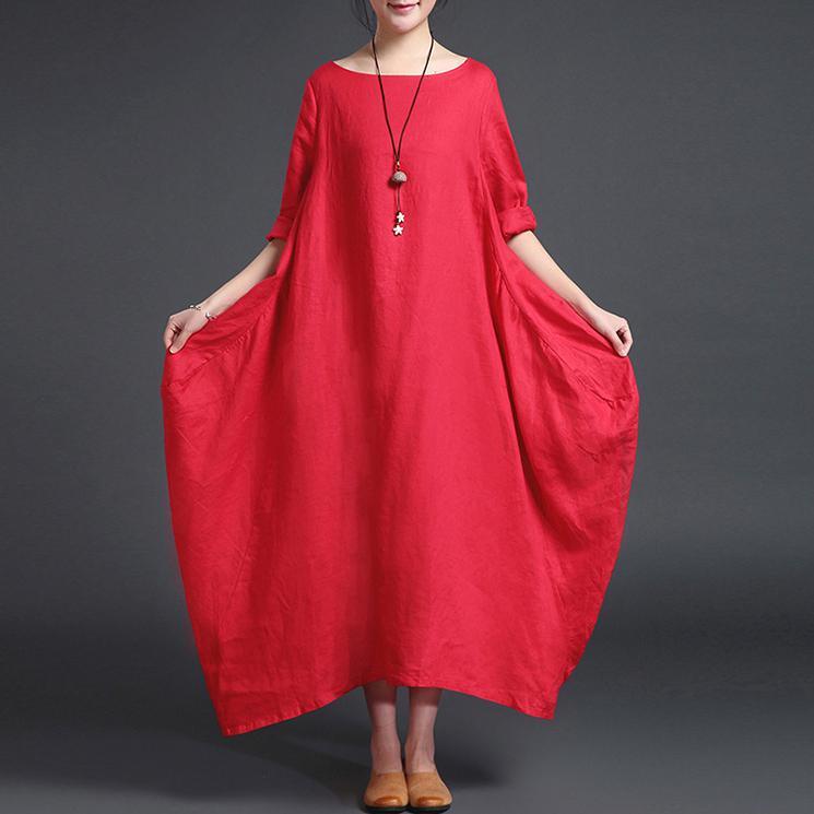 top quality red natural plus size O neck linen clothing dresses 2018 long sleeve asymmetrical design linen caftans - Omychic