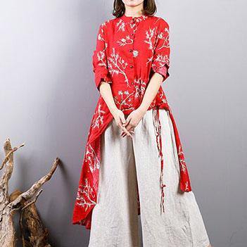 top quality red prints  Midi-length linen t shirt Loose fitting casual cardigans boutique asymmetric hem low high design linen clothing tops - Omychic