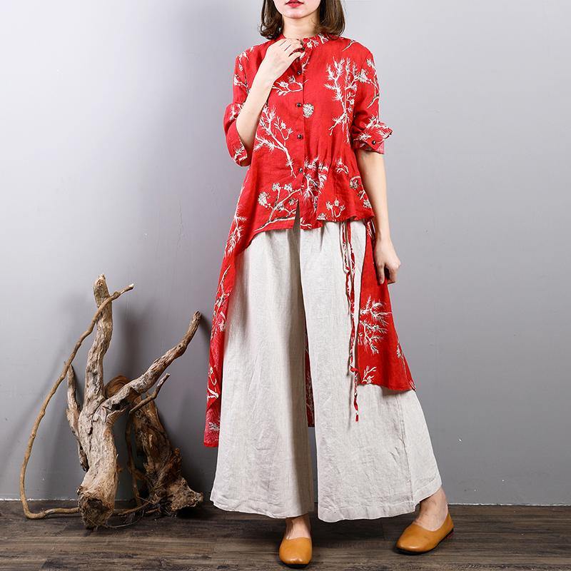 top quality red prints  Midi-length linen t shirt Loose fitting casual cardigans boutique asymmetric hem low high design linen clothing tops - Omychic