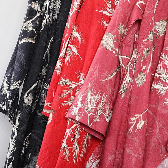 top quality red prints  Midi-length linen t shirt Loose fitting casual cardigans boutique asymmetric hem low high design linen clothing tops - Omychic