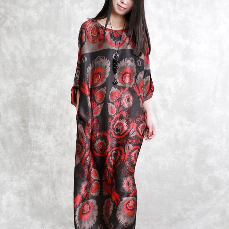 top quality red prints natural chiffon dress  plus size clothing long sleeve silk dress 2018 o neck gown - Omychic