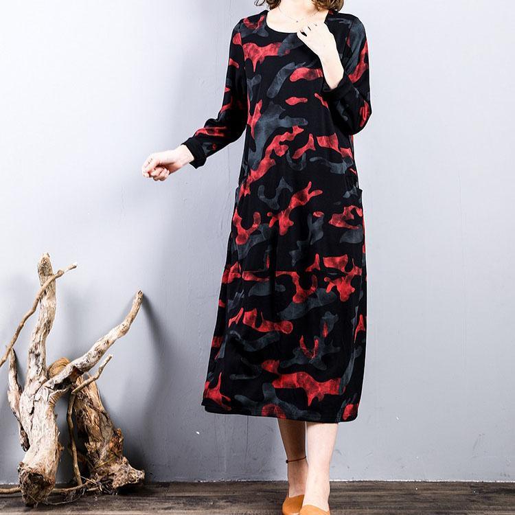top quality red prints pure cotton dress casual cotton clothing dress long sleeve top quality o neck autumn dress - Omychic