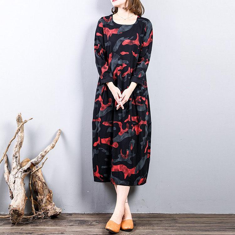 top quality red prints pure cotton dress casual cotton clothing dress long sleeve top quality o neck autumn dress - Omychic