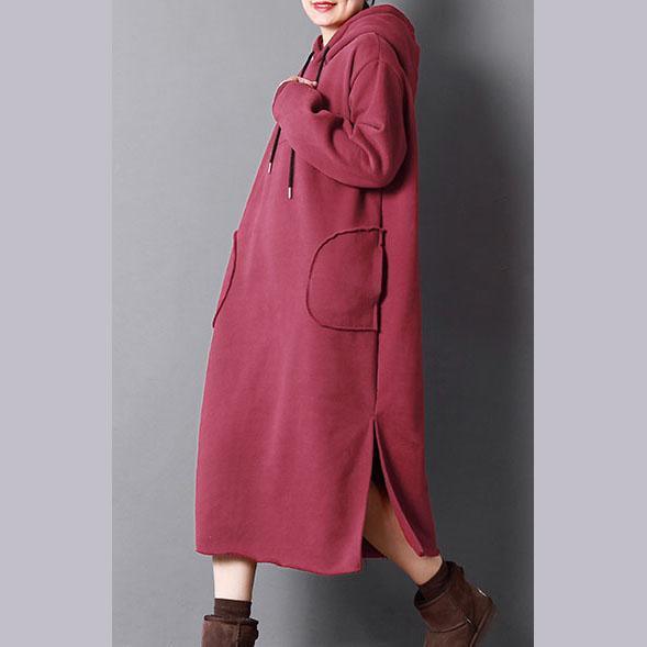 top quality red spring dress oversize maxi dresses hooded drawstring cotton clothing  pockets dress - Omychic