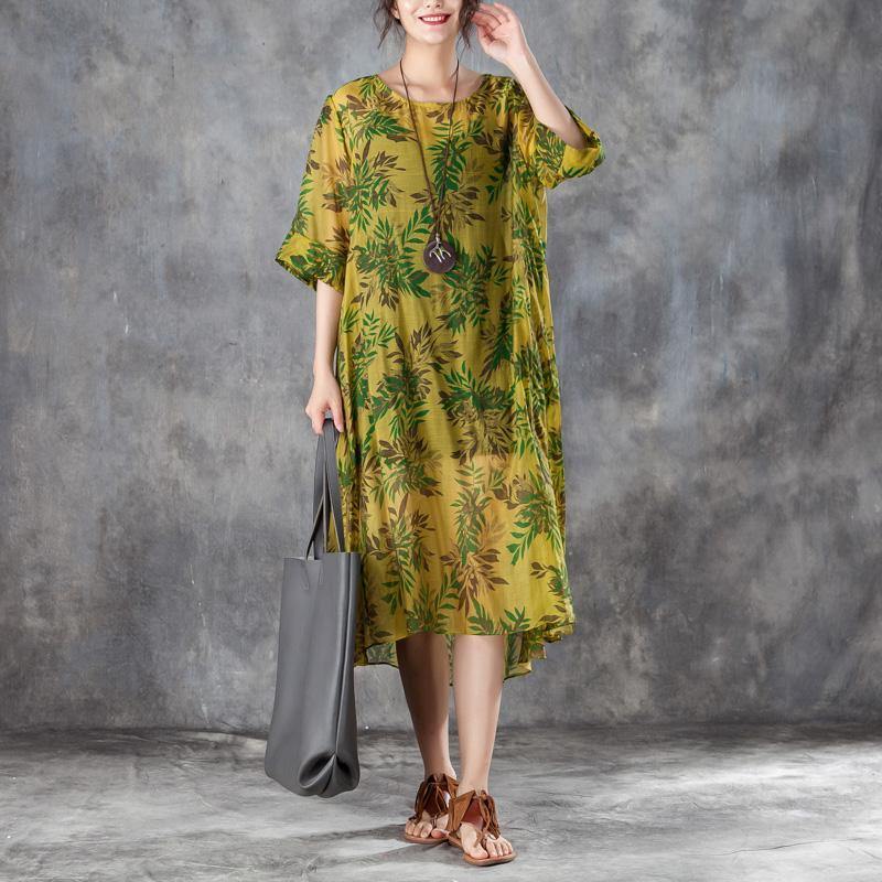 top quality silk linen sundress oversize Women Round Neck Half Sleeve Printed Dress - Omychic