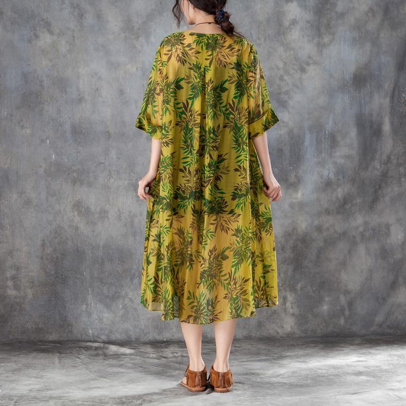top quality silk linen sundress oversize Women Round Neck Half Sleeve Printed Dress - Omychic