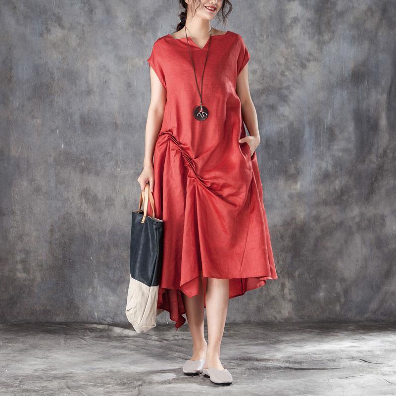 top quality summer cotton blended maxi dress oversize Women Casual V Neck Short Sleeve Red Dress - Omychic