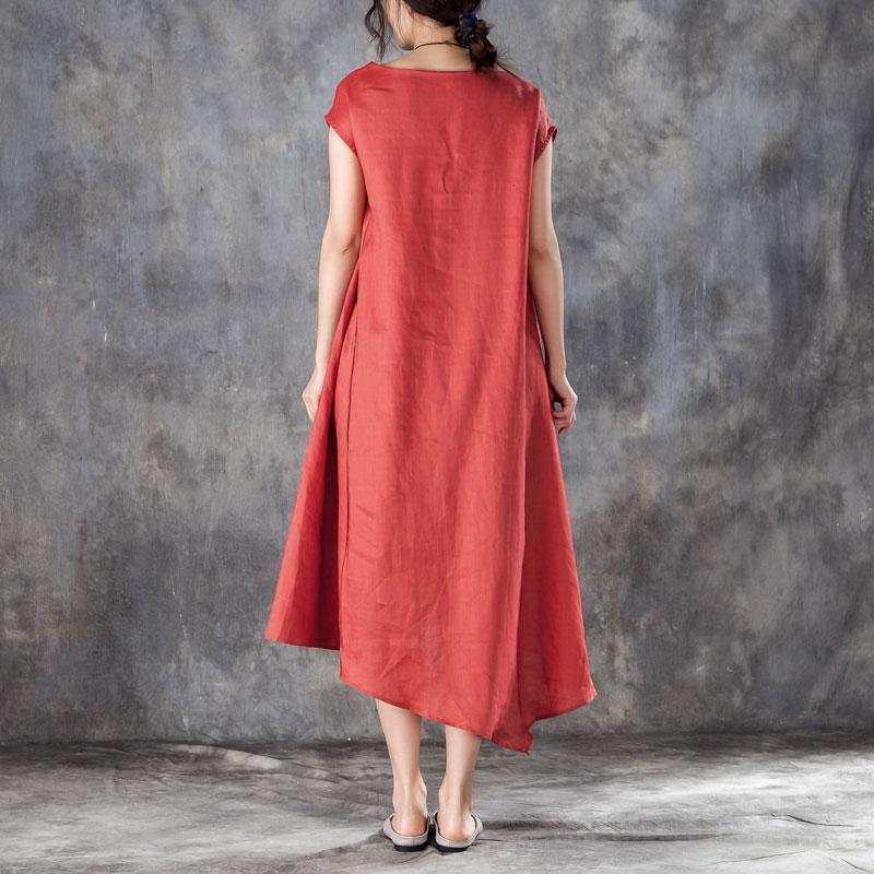 top quality summer cotton blended maxi dress oversize Women Casual V Neck Short Sleeve Red Dress - Omychic