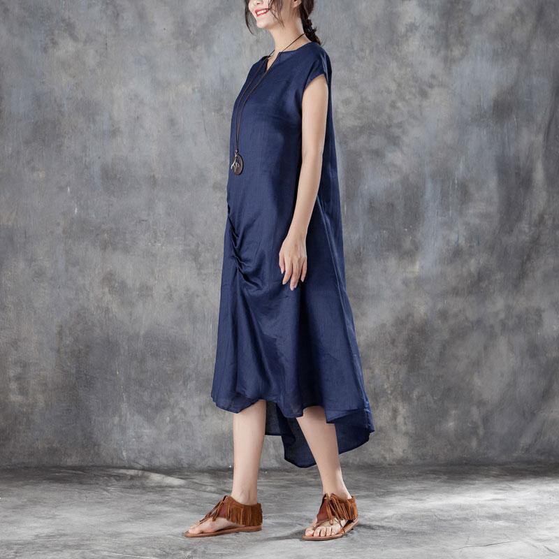 top quality summer cotton blended maxi dress plus size Women Casual V Neck Short Sleeve Blue Dress - Omychic