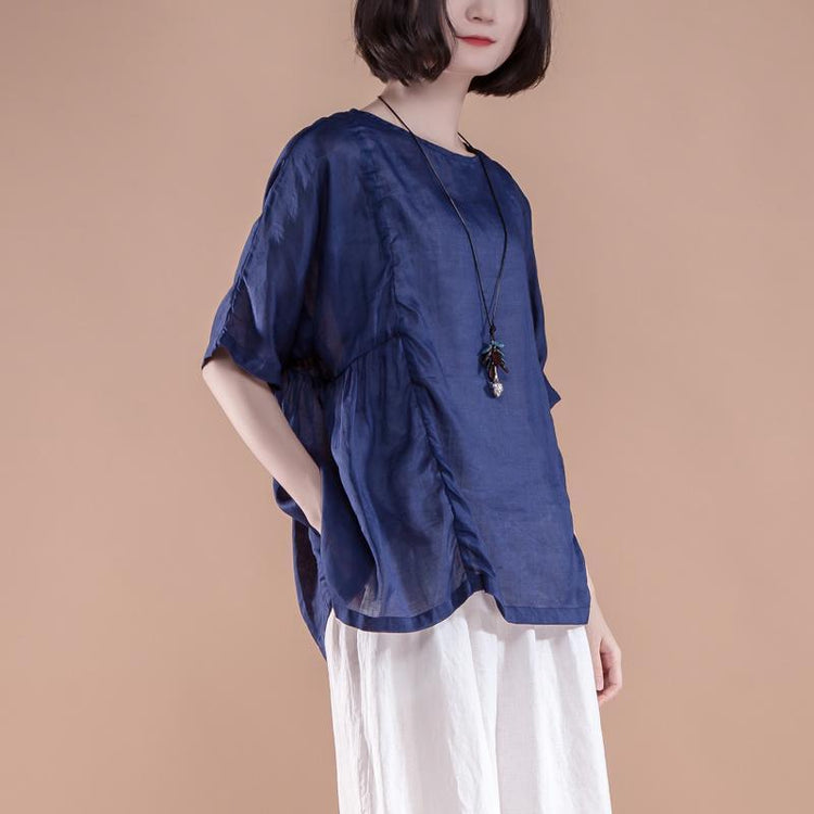 top quality summer linen tops Loose fitting Summer Short Sleeve Pleated High-low Hem Navy Blue Women Tops - Omychic