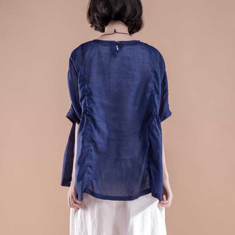 top quality summer linen tops Loose fitting Summer Short Sleeve Pleated High-low Hem Navy Blue Women Tops - Omychic