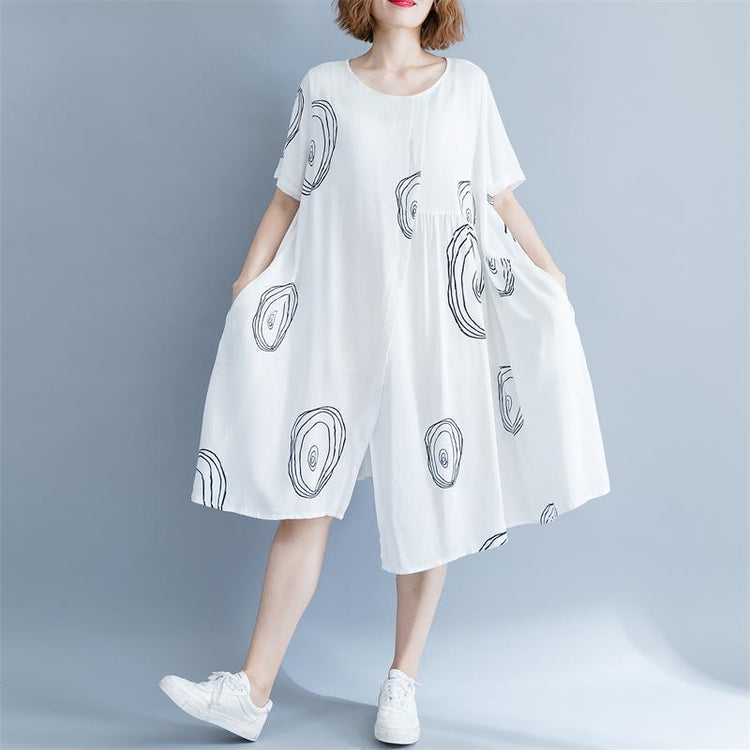 top quality white cotton dress Loose fitting traveling clothing Elegant short sleeve asymmetric O neck baggy dresses print cotton dresses - Omychic