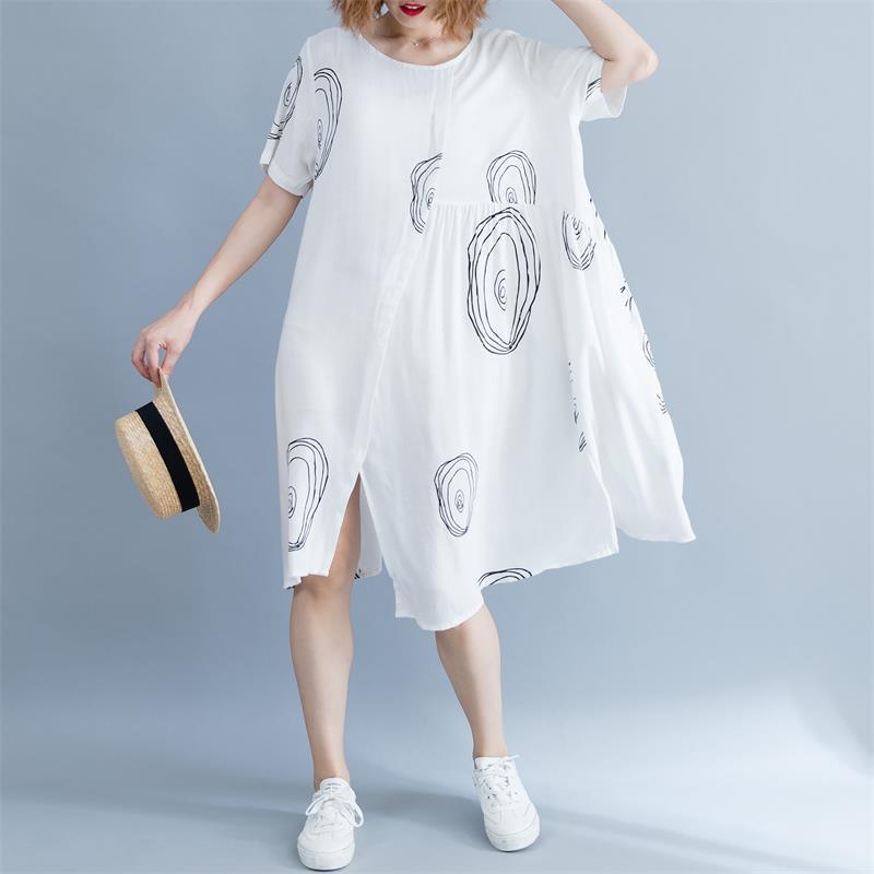 top quality white cotton dress Loose fitting traveling clothing Elegant short sleeve asymmetric O neck baggy dresses print cotton dresses - Omychic