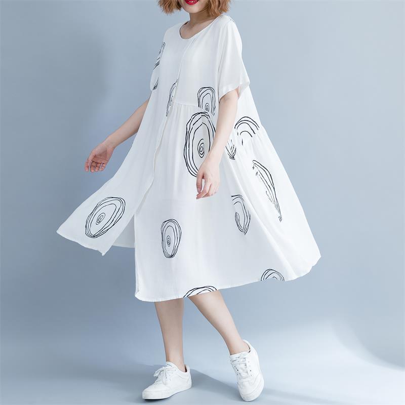 top quality white cotton dress Loose fitting traveling clothing Elegant short sleeve asymmetric O neck baggy dresses print cotton dresses - Omychic